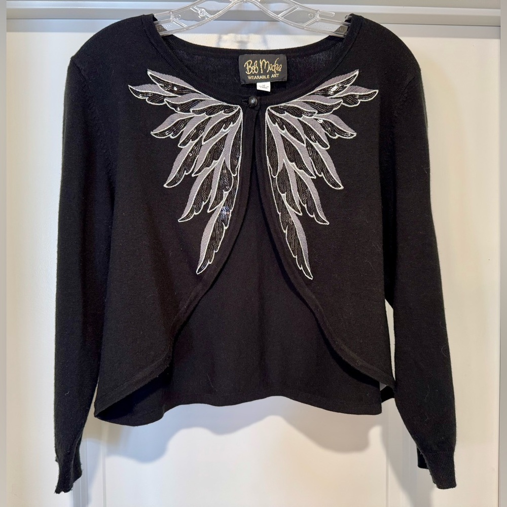 Bob Mackie Wearable Art Black Angel Wing Cardigan Sweater‎ Size M